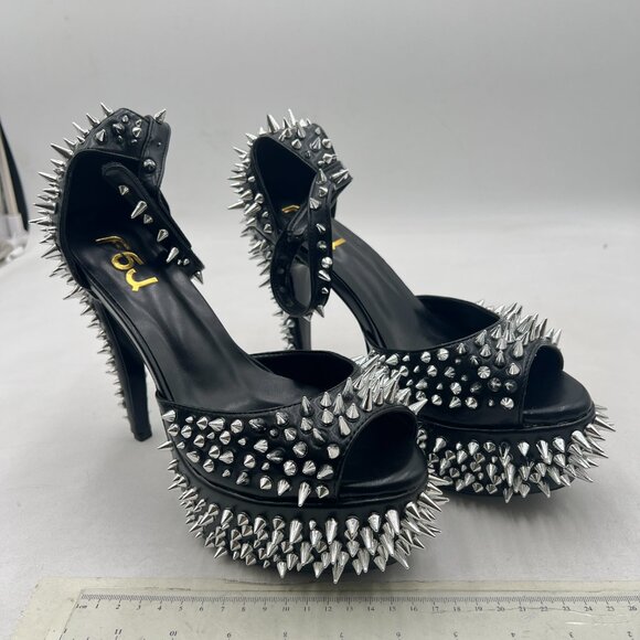FSJ Black Spiked High Heel with Studded Ankle Strap Peep Toe Platform Sandals - Picture 4 of 8